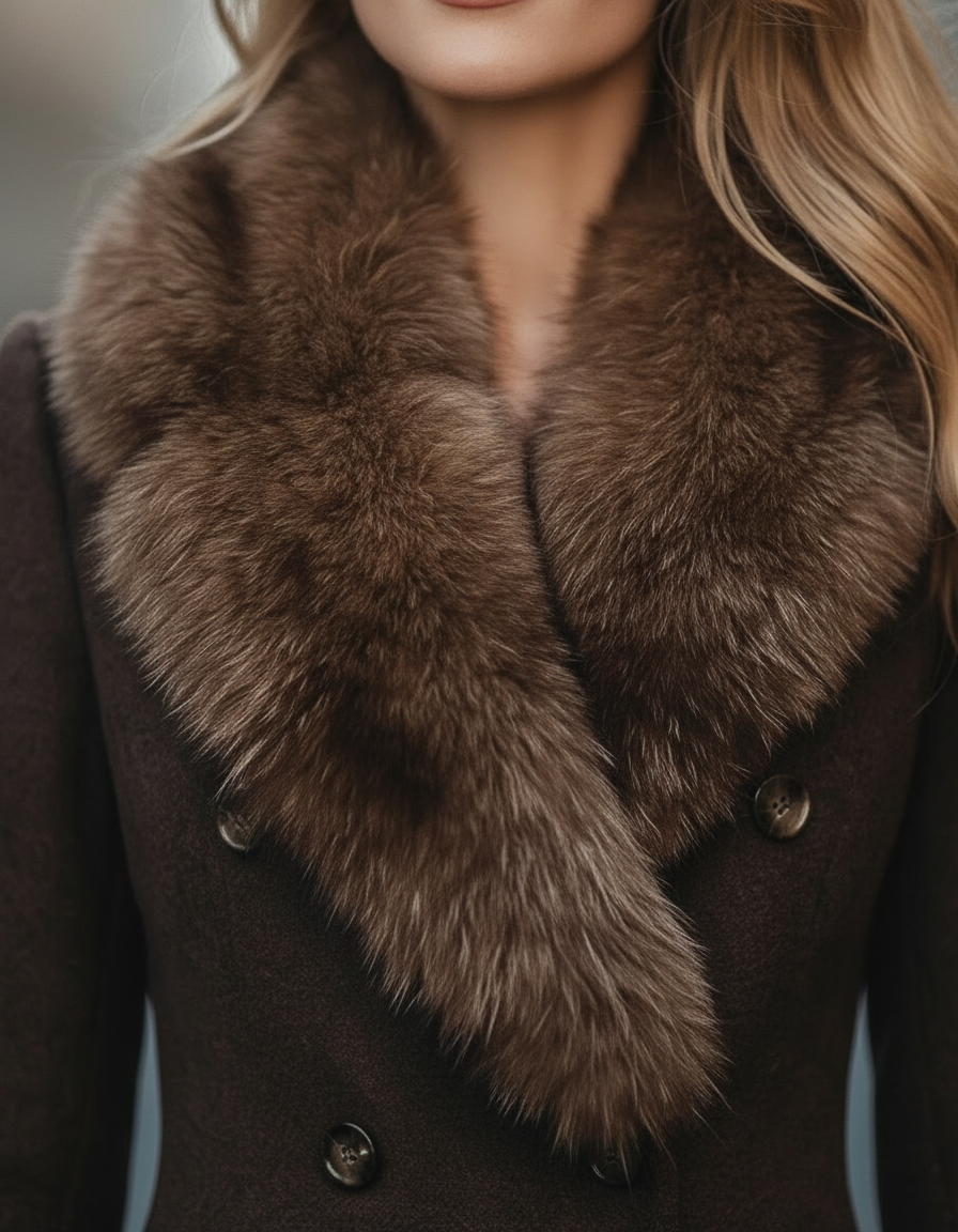 Brown Longline Coat with Faux-Fur Collar & Button Detail