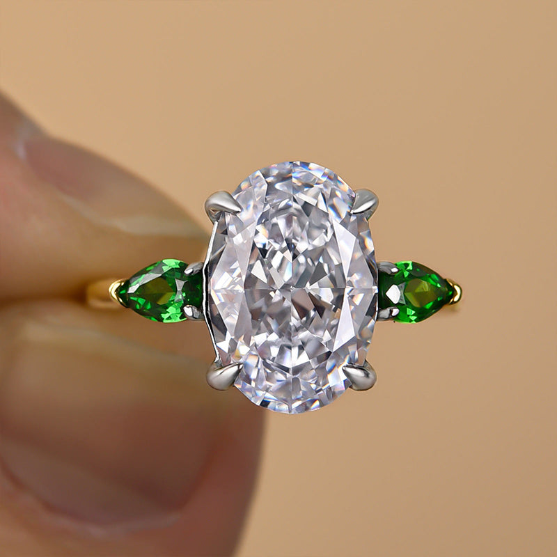 Vintage Two-Tone Oval Cut Three Stone Sterling Silver Engagement Ring Shineofidamond